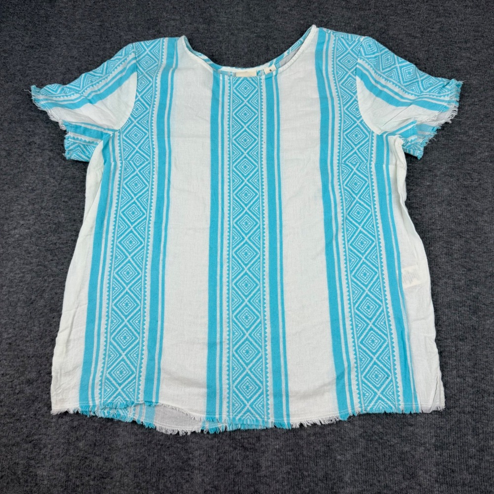 Westbound Top Women Size S Turquoise White Stripe Fringe Trim Cotton Blouse